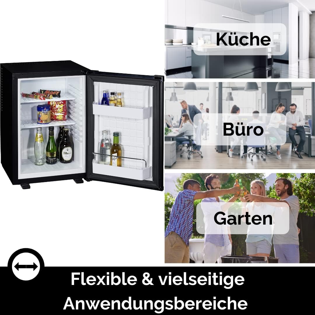 PKM Minibar-Kühlschrank MC40A+ HotelMate | Ideal für kleine Küche, Büro, Schlafzimmer, Hotels | Nutzinhalt 34L | Höhe 56cm | 96kWh | Sehr leise 22dB | schwarz