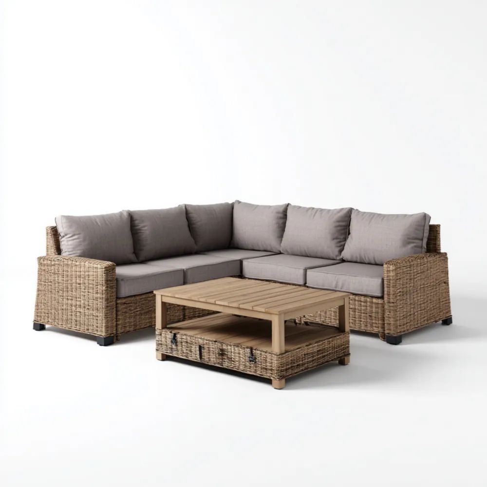 Ecksofa-Set Rattan 200x250x85 cm mit Tisch 100x60x40 cm – Hellgrau – M