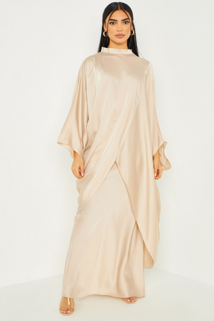 Ensemble 2 pièces tunique + jupe longue satiné beige