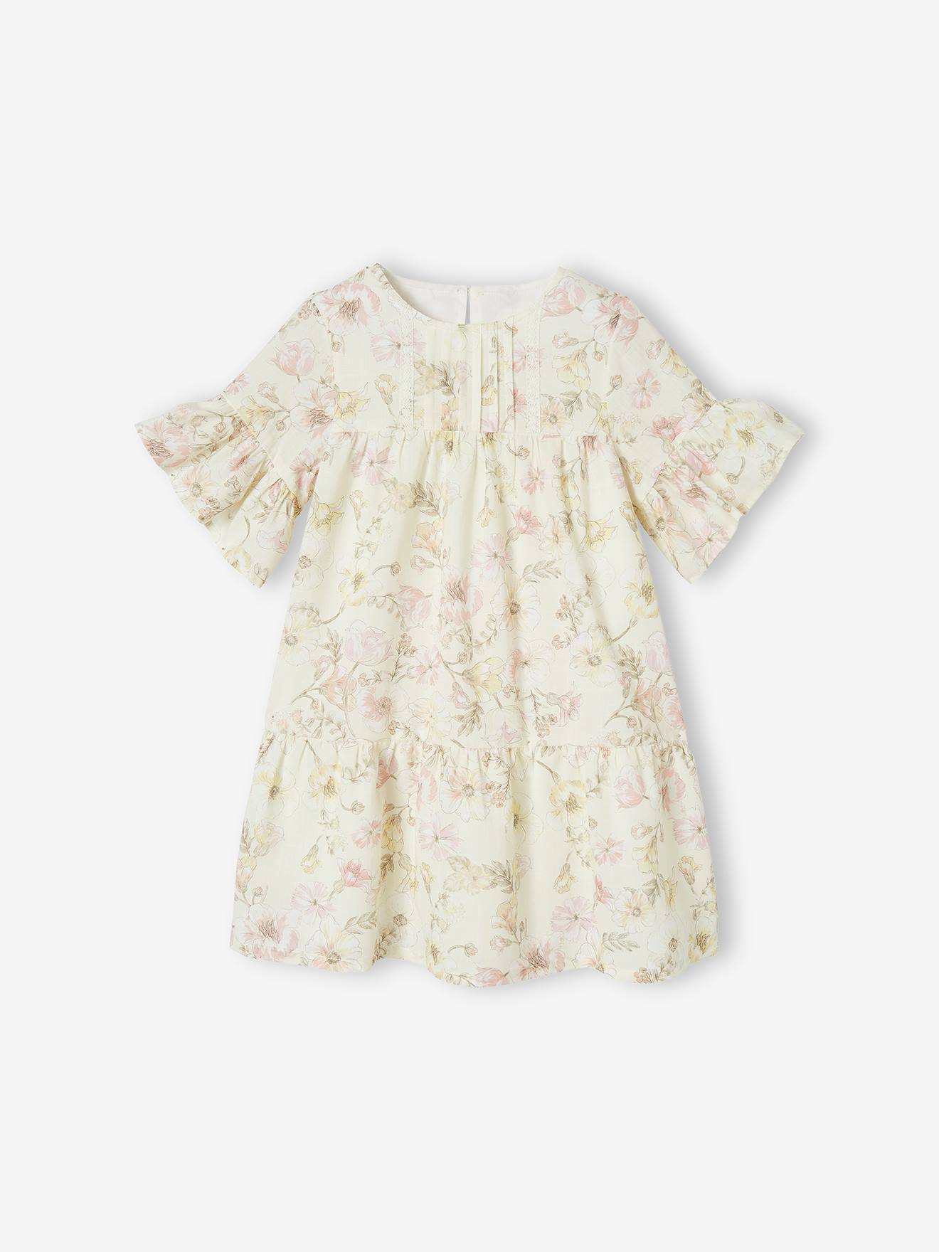 Vestido de festa off-white com babados e estampas florais para meninas.