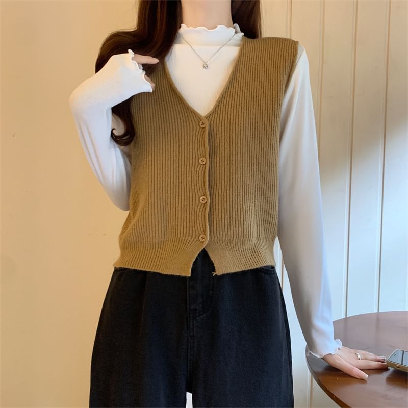 Allinya - V-hals geribbeld vest met knoopjes