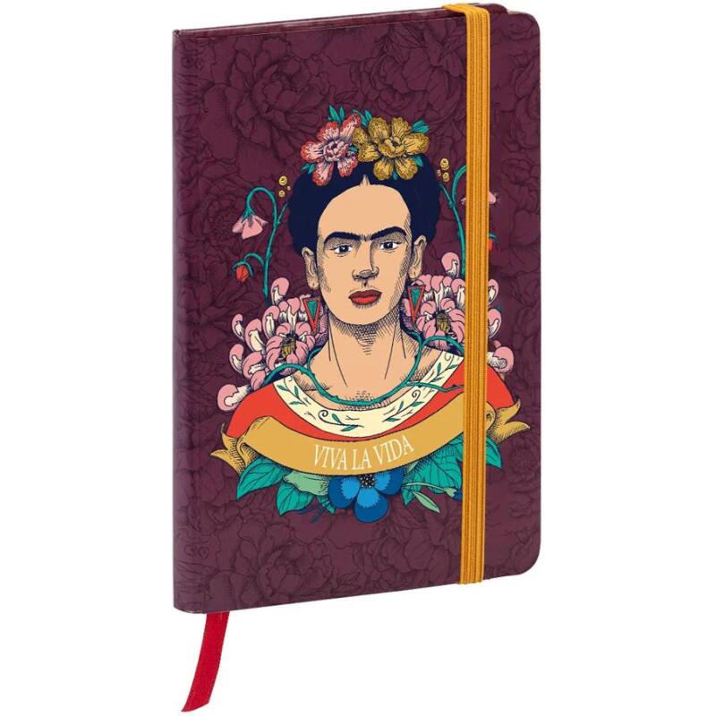Frida Kahlo, Carnet rembordé rigide A6 10,5x14,8 cm, 160 pages, uni, marque page, fermeture élastique, ass.