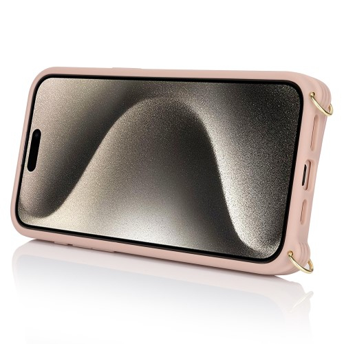 iPhone 15 Pro Necklace Leder Hülle mit Münzfach und Kartenfächer   Finger Griff Halterung   Handykette - Roségold