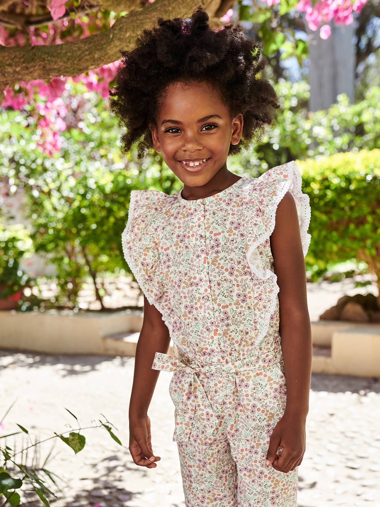 Macacão floral com babados, para menina, branco-creme