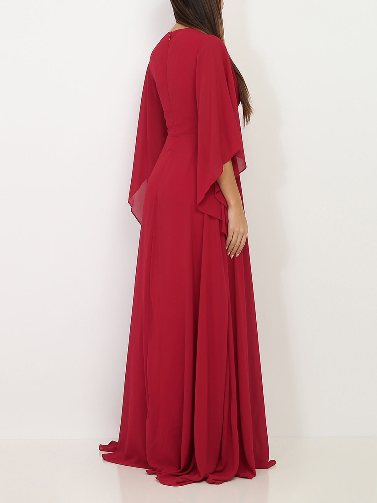 Robe longue drapée à manches volantées- Rouge