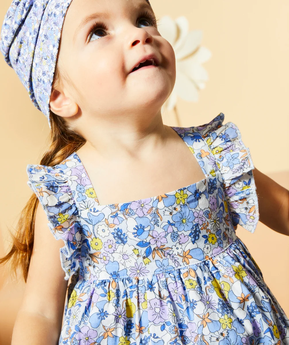 ENSEMBLE ROBE SANS MANCHES ET CULOTTE BÉBÉ FILLE EN COTON BIO IMPRIMÉE FLEURS