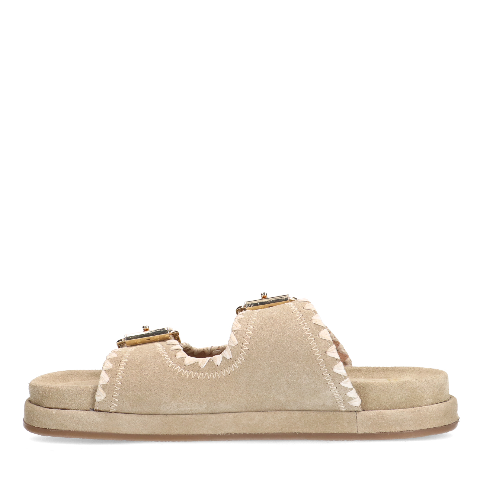 Beige suède slippers met witte details