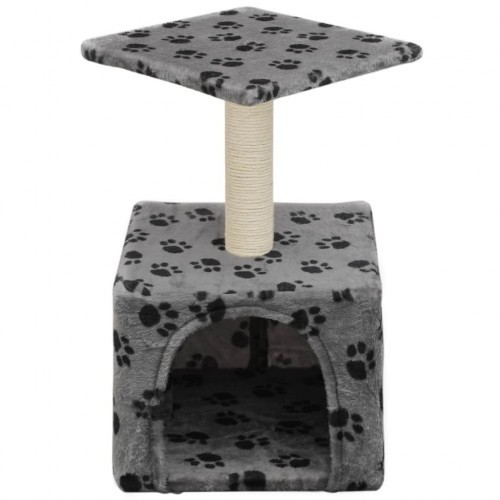 Arranhador para gatos, cinza, com pegadas de patas.
