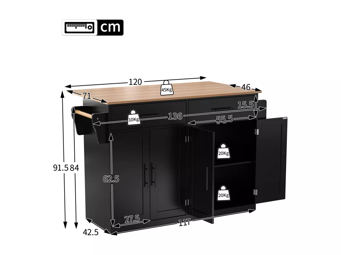 Ilot central de cuisine - 2 tiroirs et 4 compartiments - pieds en roulettes ou en bois - Noir