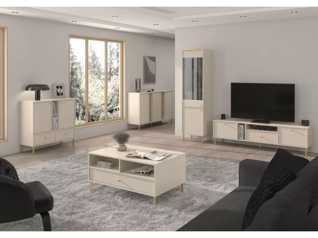 Table basse 1 tiroir - 100 cm - beige avec pieds dorés OKTIO