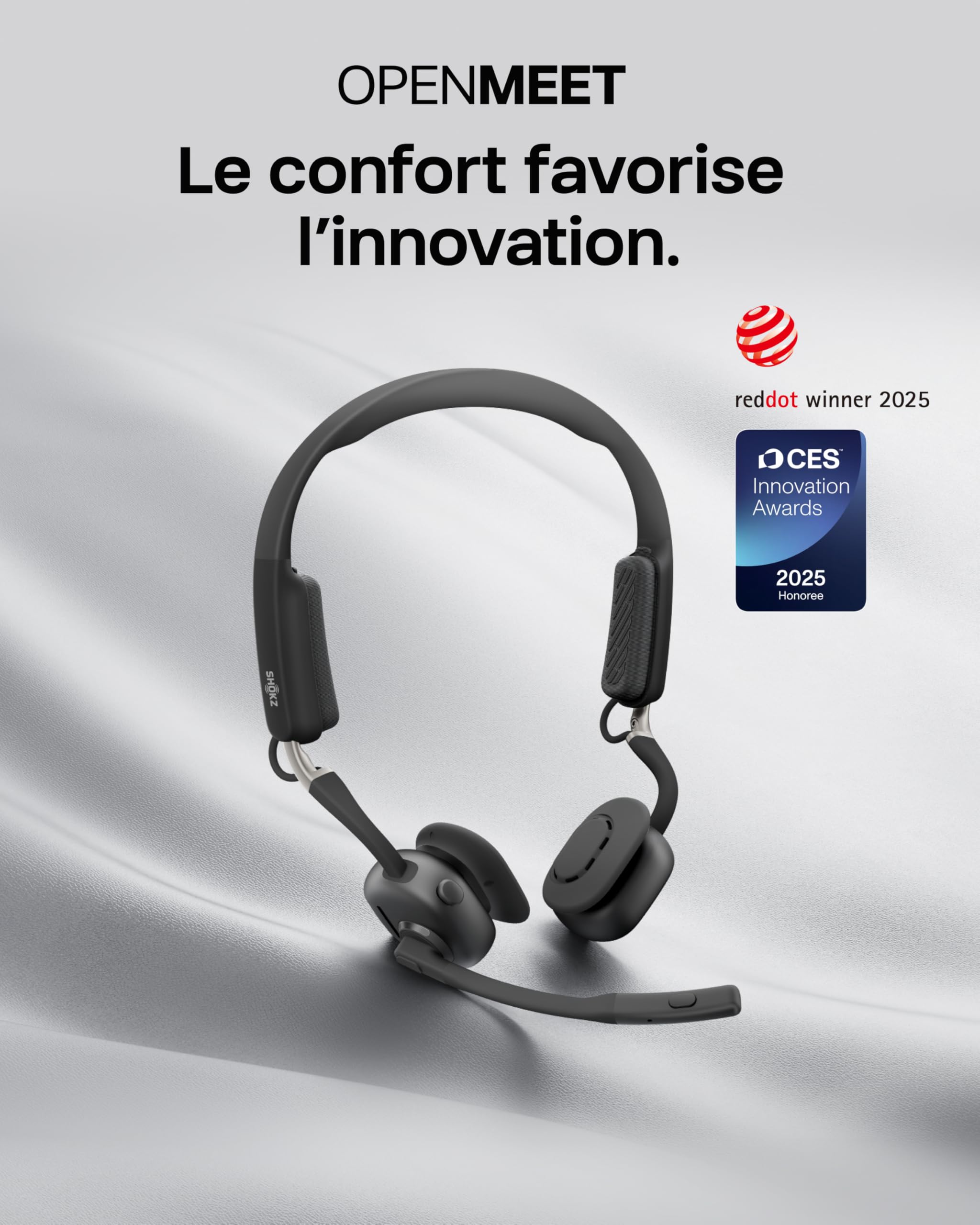 SHOKZ Casque à conduction osseuse OpenMeet, casque Bluetooth ouvert avec double micro antibruit, écouteurs sans fil pour travail, appels, réunions, Bluetooth 5.4, autonomie de 15 heures, charge rapide