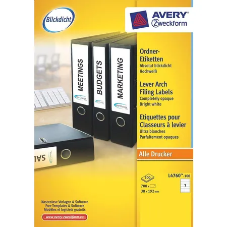 Avery Zweckform L4760-100 Ordnerrücken Etiketten A4, mit ultragrip, 38 x 192 mm, schmal/kurz, 100 Bogen/700 Etiketten, weiß