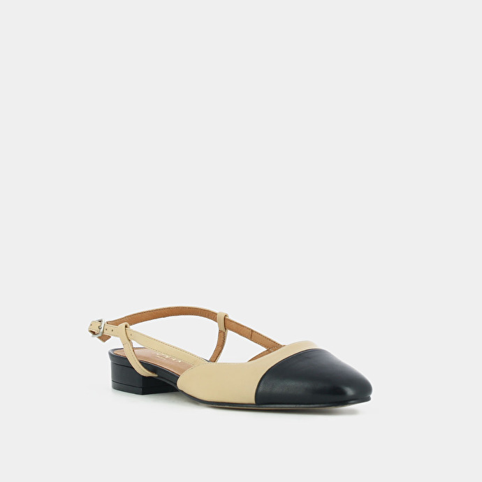 Ballerines ouvertes  en cuir noir et beige