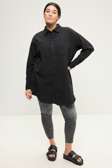 Hemdbluse, oversized, Leinenmix, Hemdkragen, Langarm