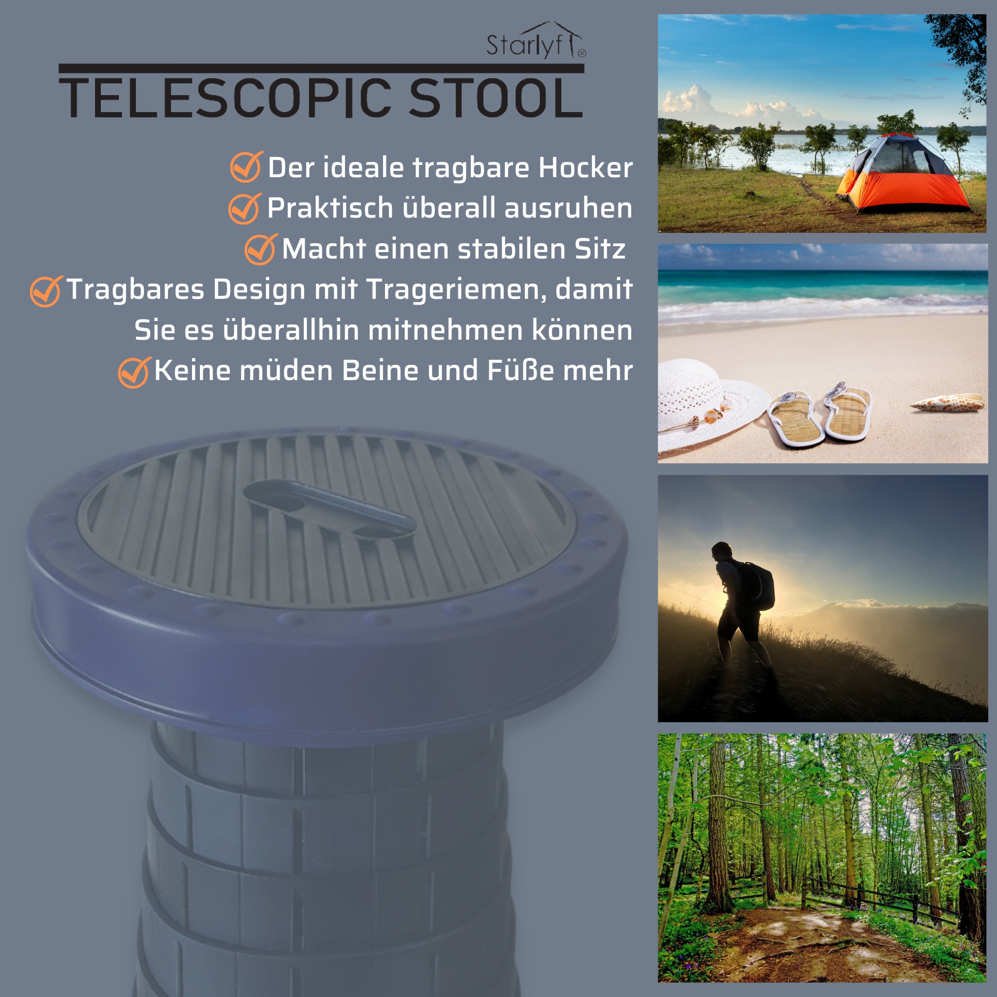 Starlyf® Klappstuhl tragbar - Hocker ausziehbar - Campingstuhl klein Telescopic Stool
