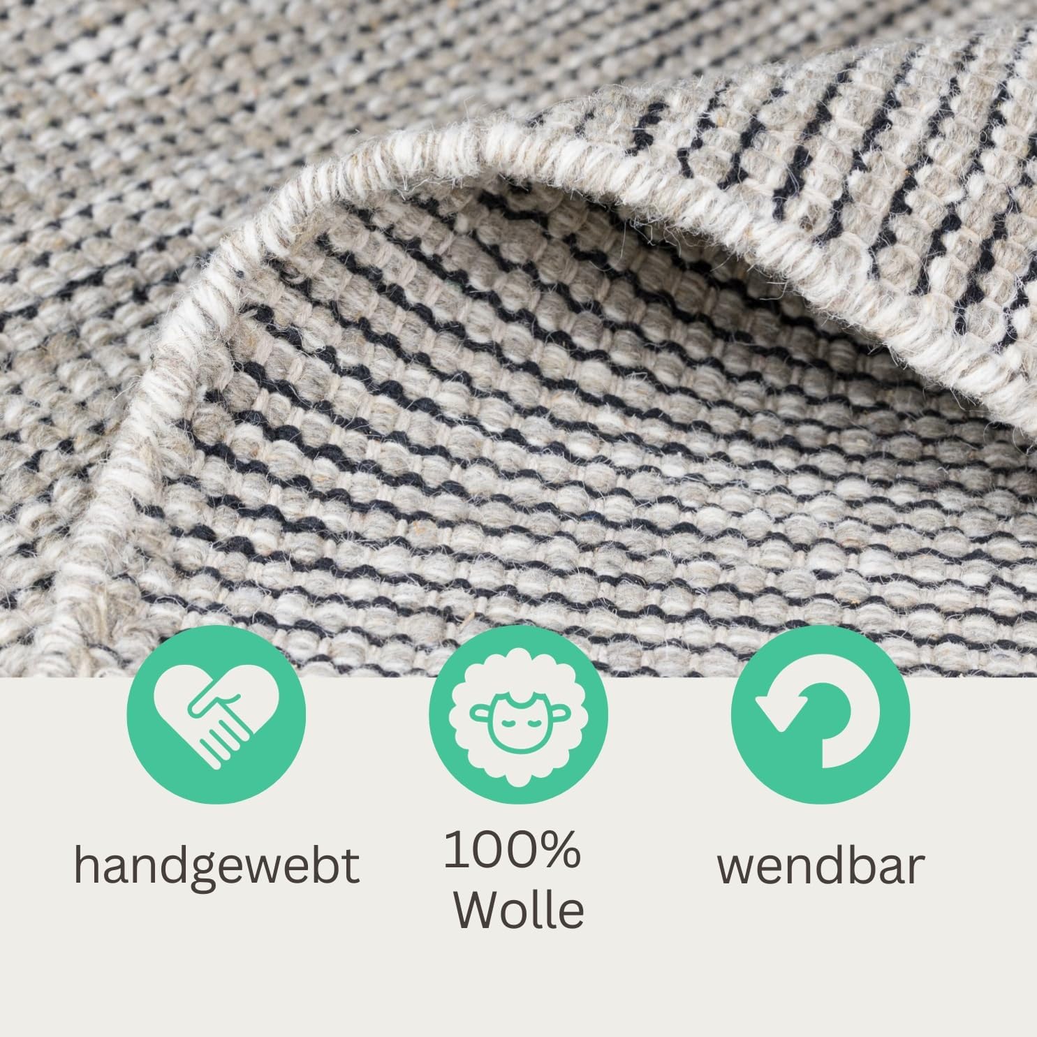 handgewebter Teppich 140x200 cm aus Wolle | weicher Woll-Teppich Wohnzimmer | handgemachter Wollteppich | flach gewebter Wohnzimmerteppich | Wendeteppich aus Naturfaser | beige Creme grau