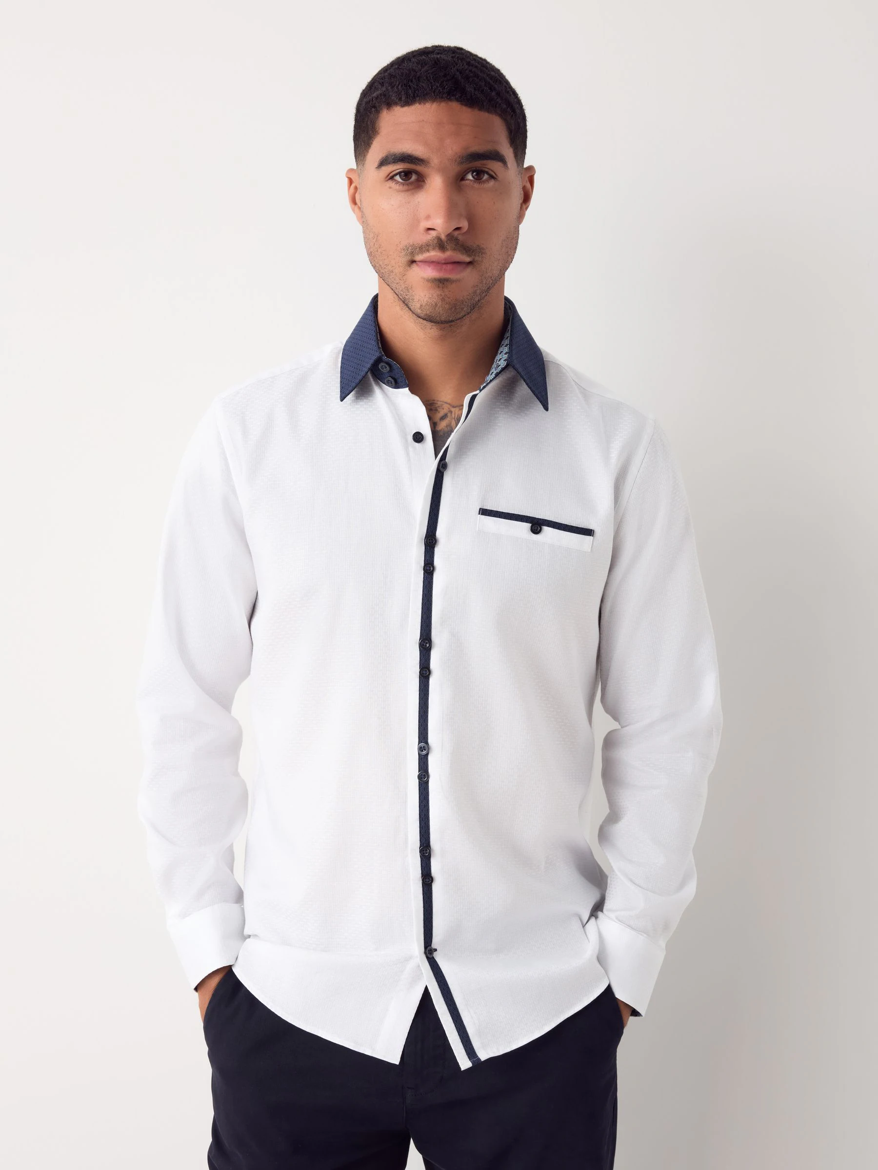 Witte Hatch Contract Kraag - Smart Trimmed Long Sleeve Party Shirt