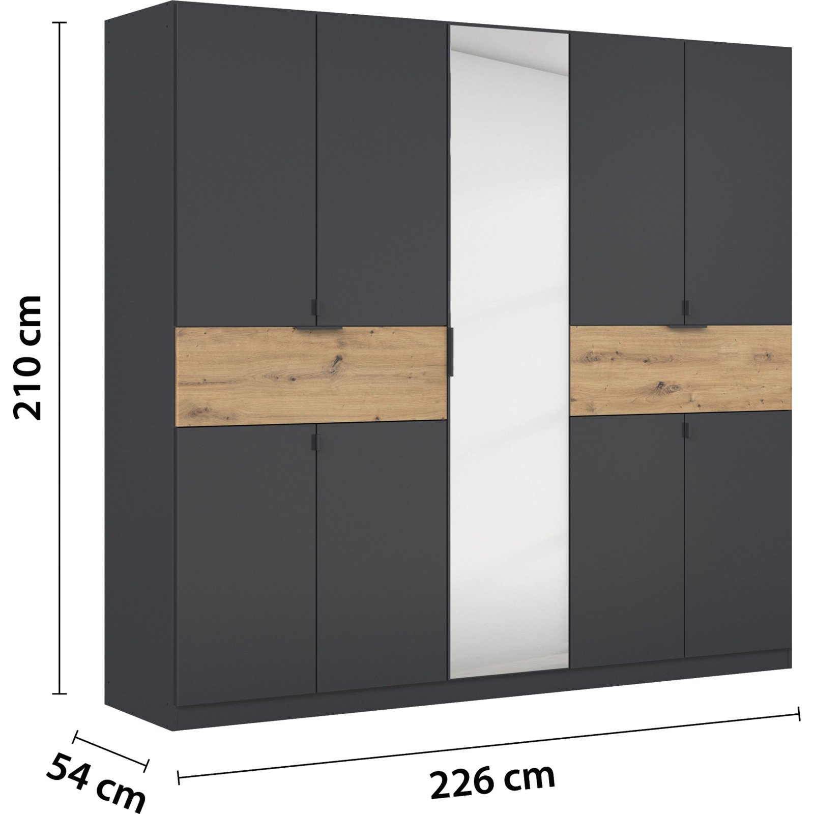 Drehtürenschrank Ticao, Dekor, 226 x 210 x 54 cm, mit Spiegel graphit/artisan