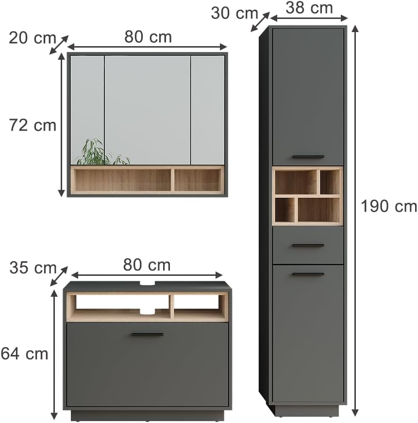 Vicco Badmöbel-Set Anthrazit/Sonoma Beatrice, bestehend aus Bad Spiegelschrank, Waschbeckenunterschrank, Hochschrank - Harmonische Kombination für EIN stimmiges Bild