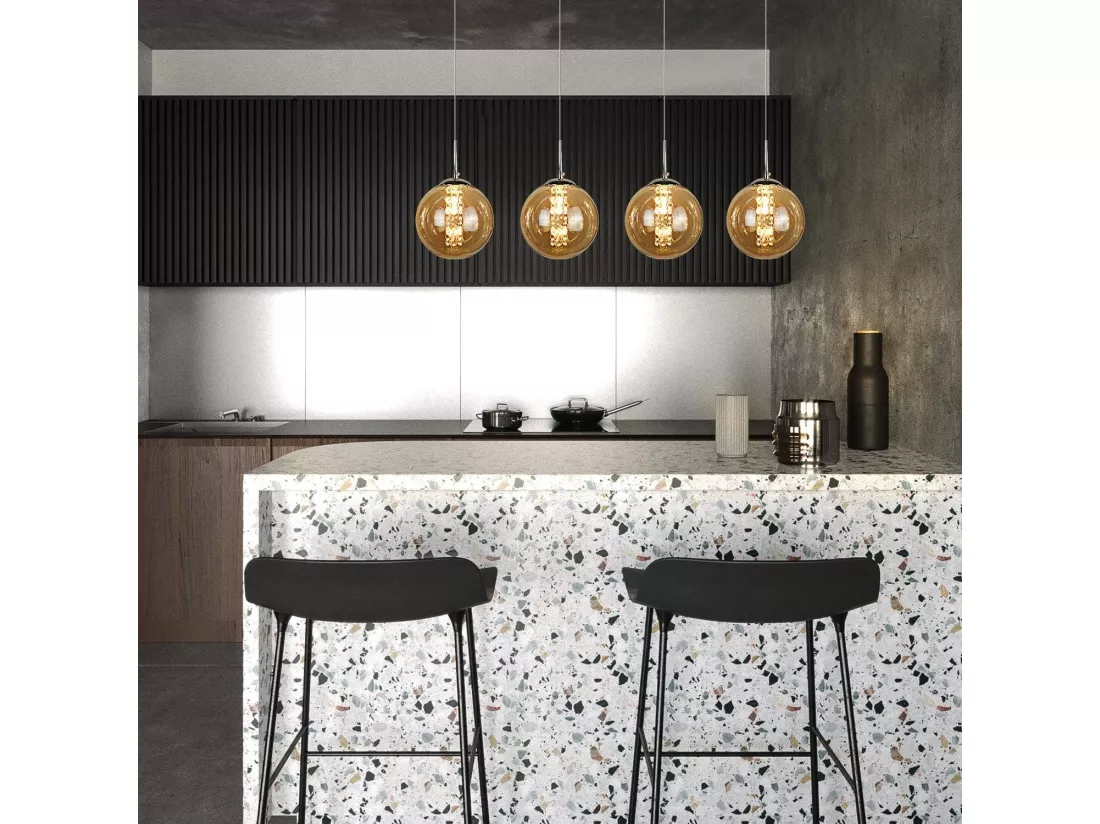 NETTLIFE Suspension verre ambre Diam.70cm G9 réglable en hauteur lampe de table à manger à 4 lampes de ambre lampe de salon de cuisine lampe