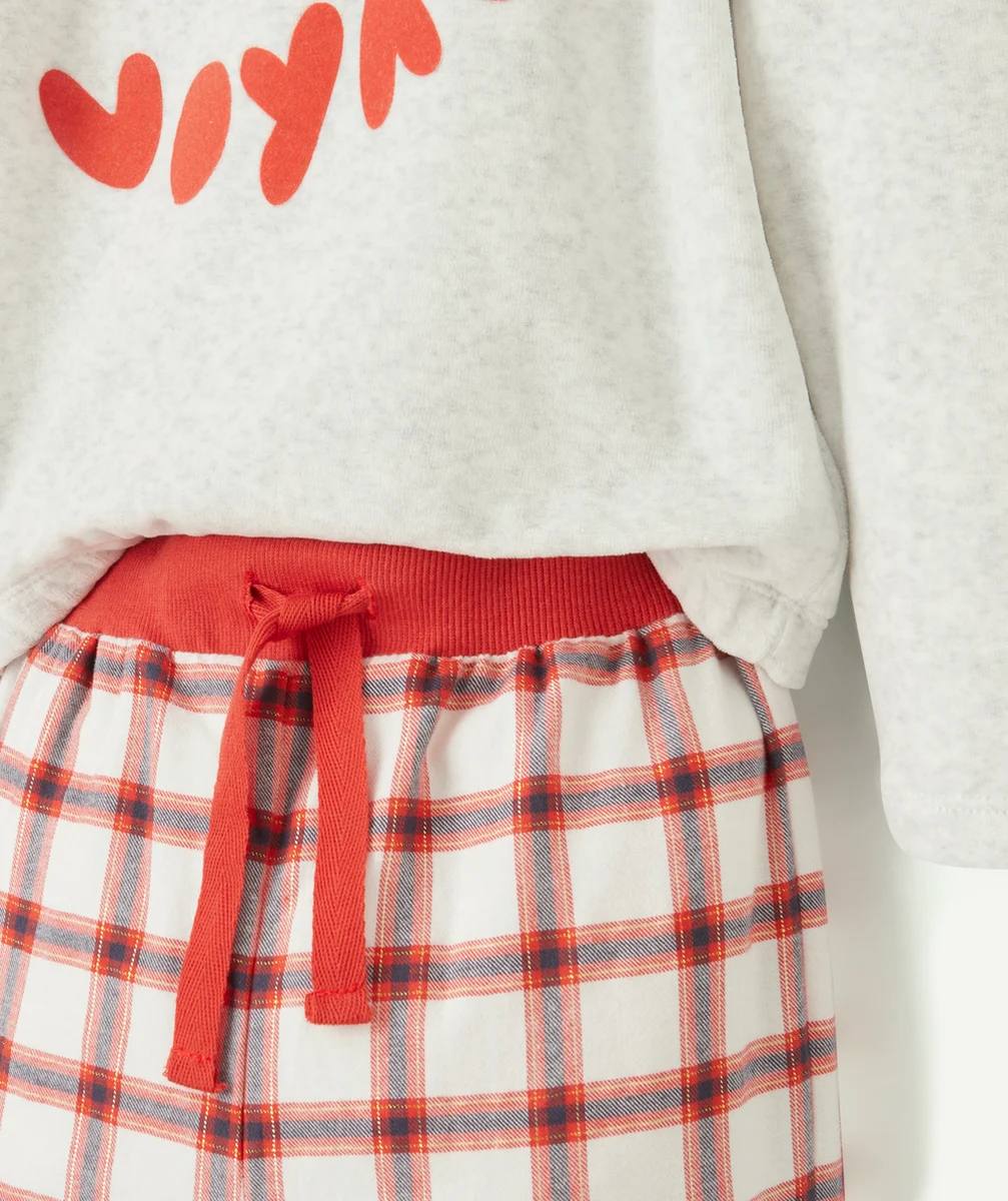 PYJAMA FILLE EN FIBRES RECYCLÉES VELOURS ET IMPRIMÉ CARREAUX ROUGES