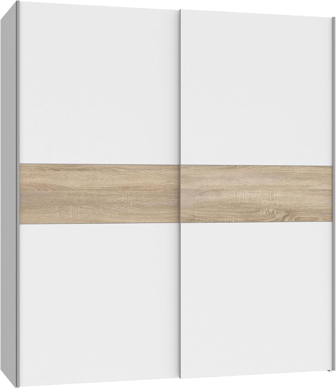 Forte LONGLINE Schrank 170, Schwebetürenschrank modern, 2-türig, weißer Kleiderschrank, Holzwerkstoff, Weiß / Sonoma Eiche Holzdekor, 170 cm breit x 190,5 cm hoch x 61 cm tief