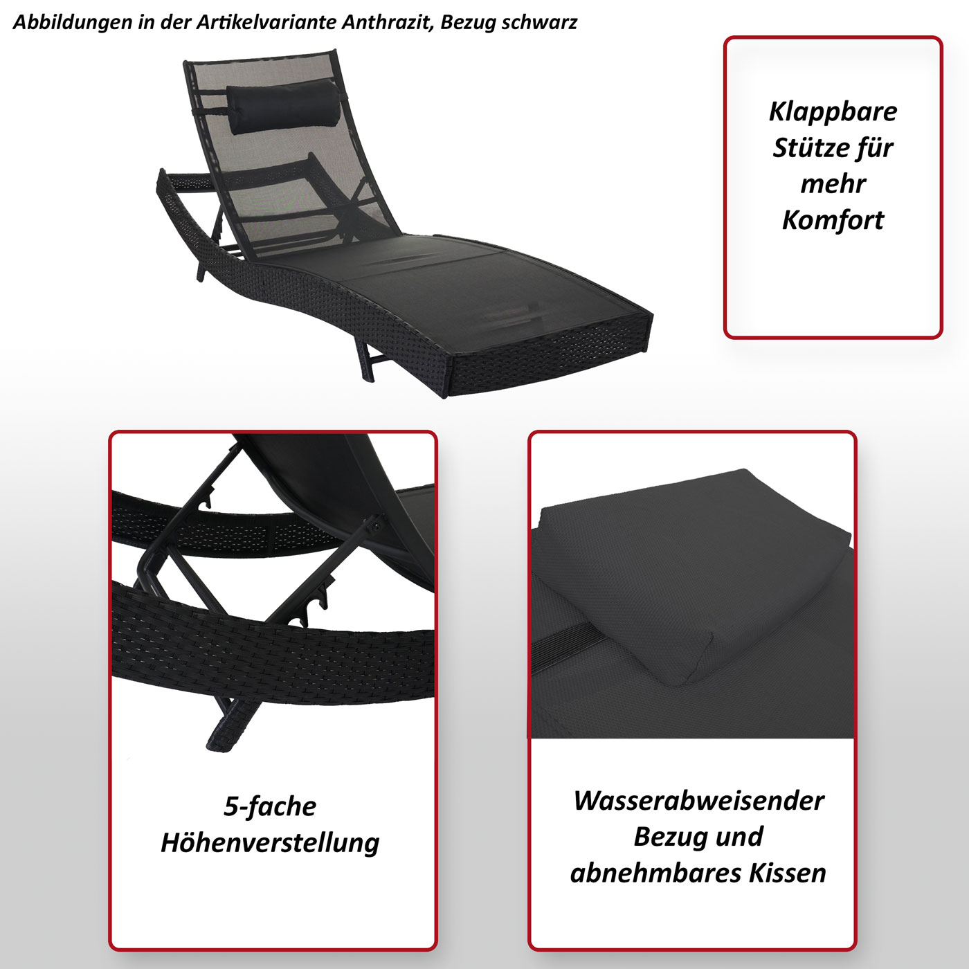 Sonnenliege Phoenix, Relaxliege Gartenliege Liege, Poly-Rattan ~ grau, Bezug schwarz