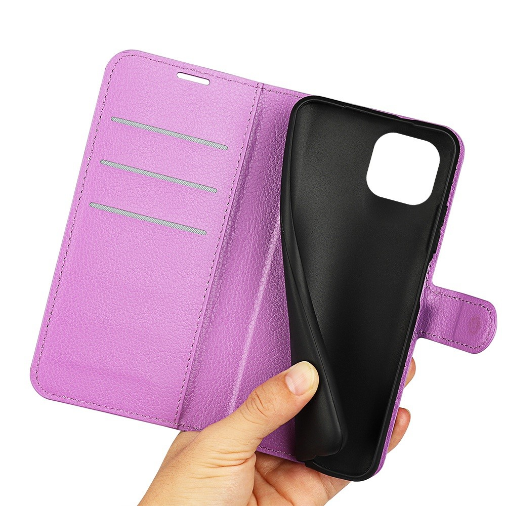 iPhone 14 Leder Tasche Flip Cover Litchi Look - Lila