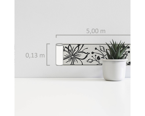 Zelfklevende rand 3466-29, bloem, zwart-wit met glitter, 5 m x 13 cm