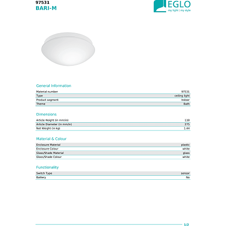 Bari-M loftlampe med sensor - hvid