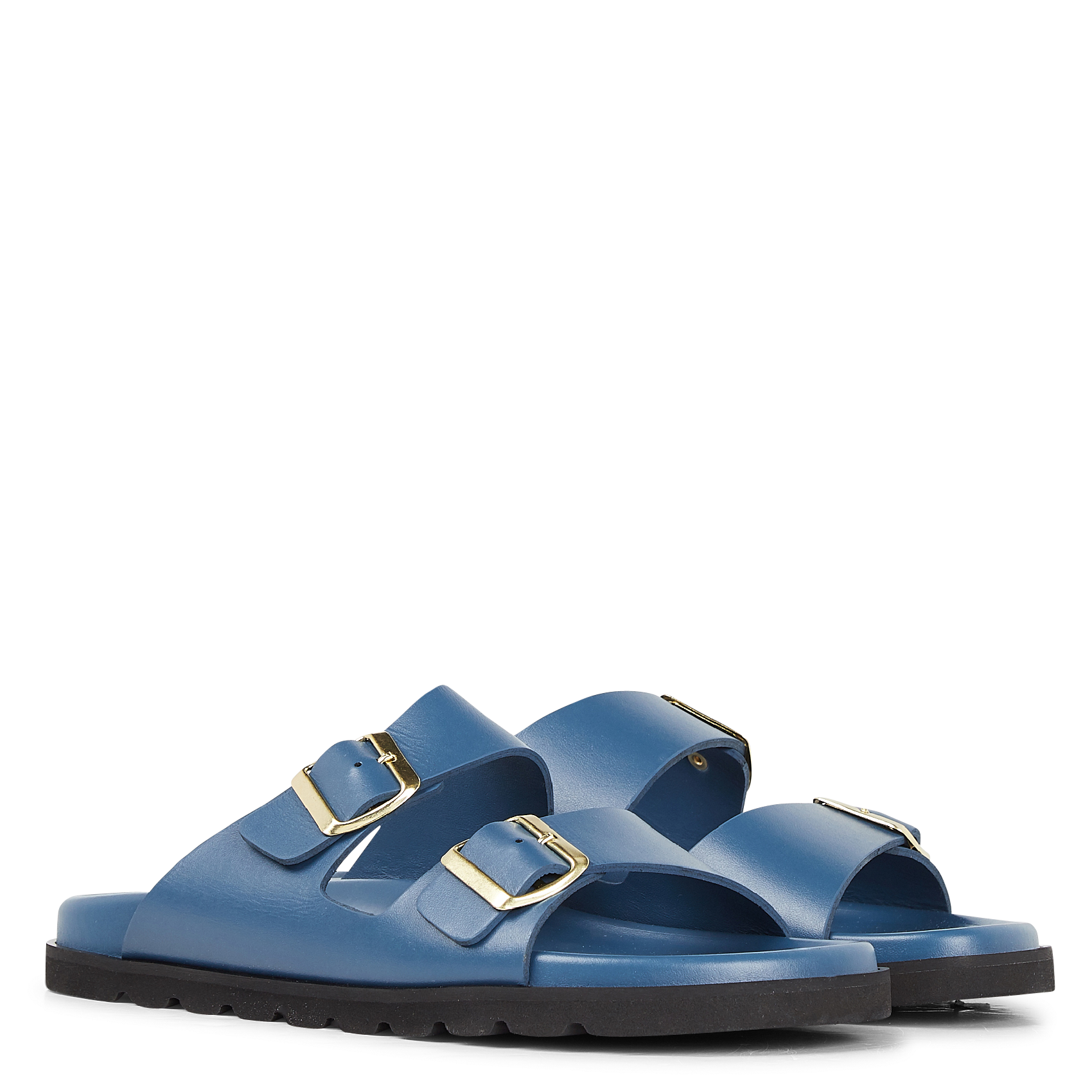Sandales plates crantées en cuir| Bleu