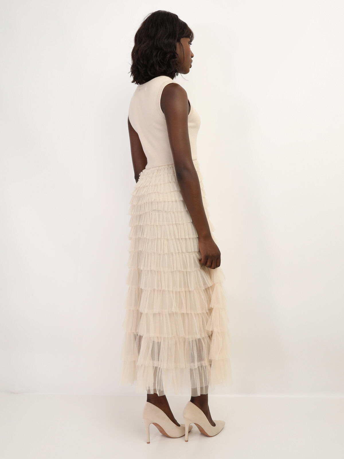 Robe longue à volants en tulle- Beige