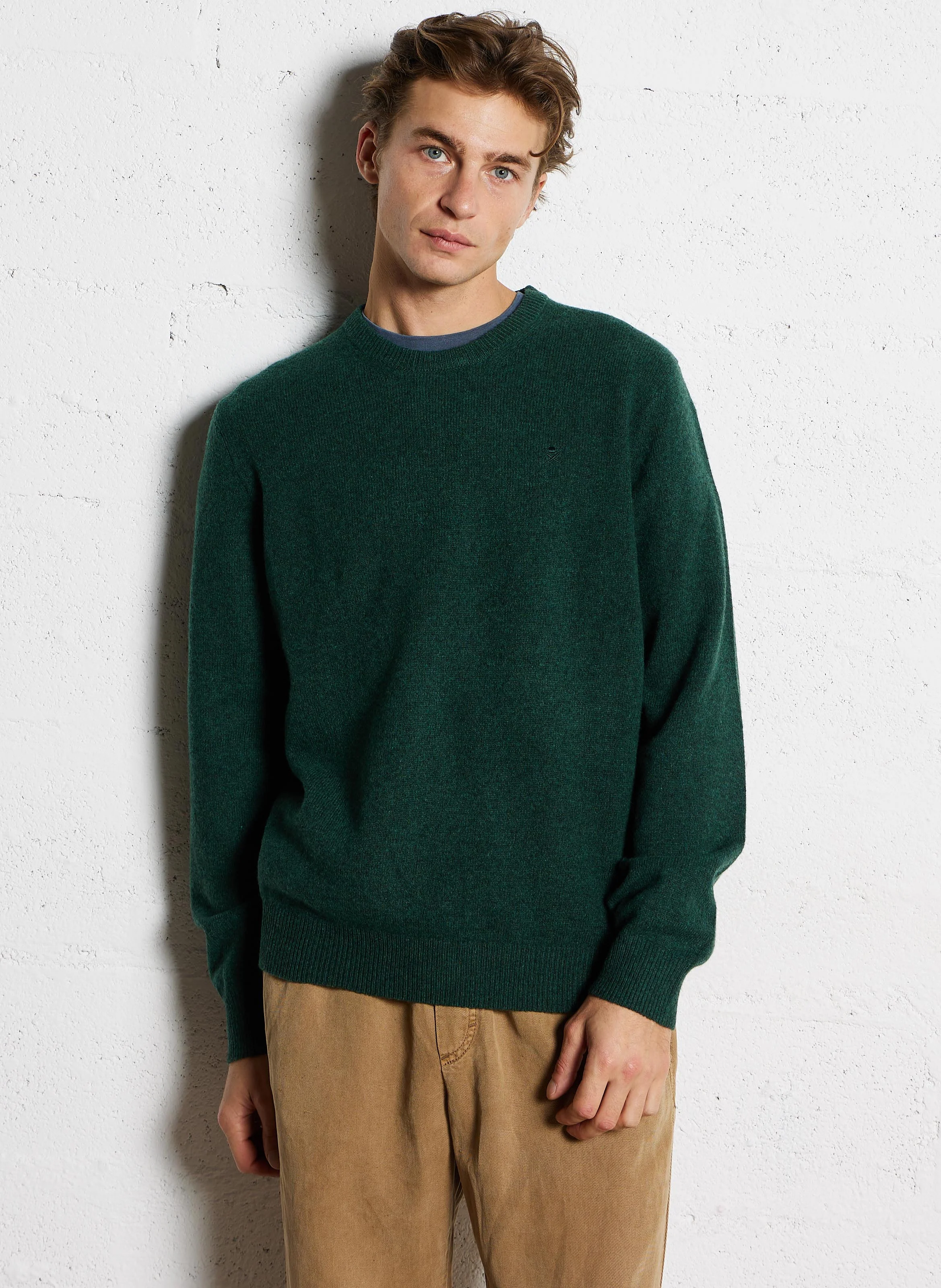 Pull regular-fit col rond brodé en laine | Vert
