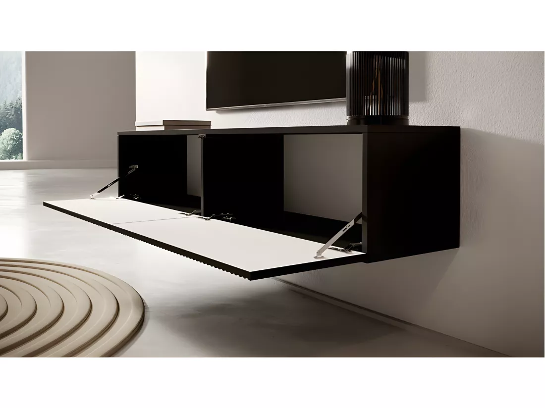 Meuble TV 140 cm noir avec façade fraisée - VELDIO