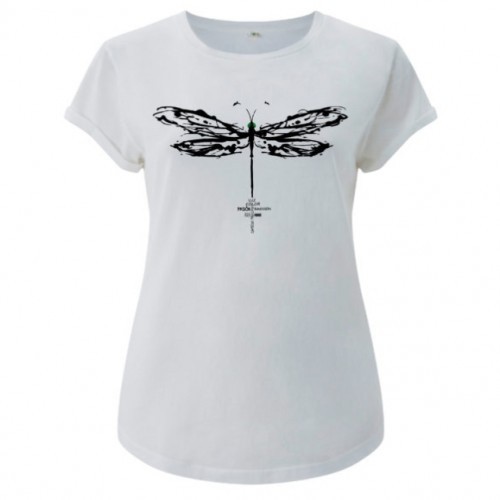 Camiseta feminina de algodão de manga curta com estampa de libélula, branca.