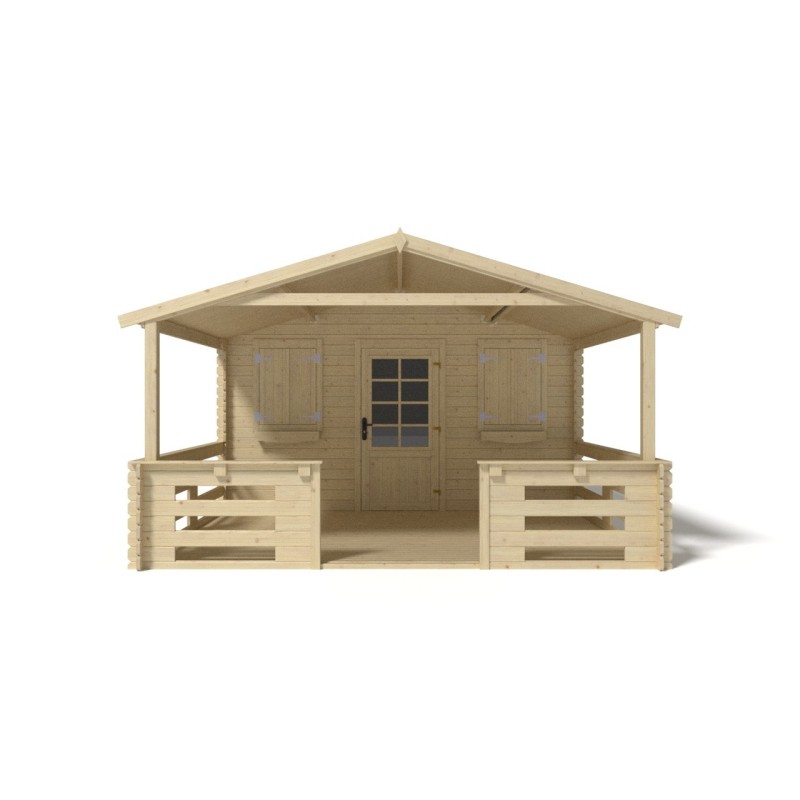 Abri de jardin en bois - 4x3 m - 24 m2 + terrasse avec balustrade et avant-toit en bois