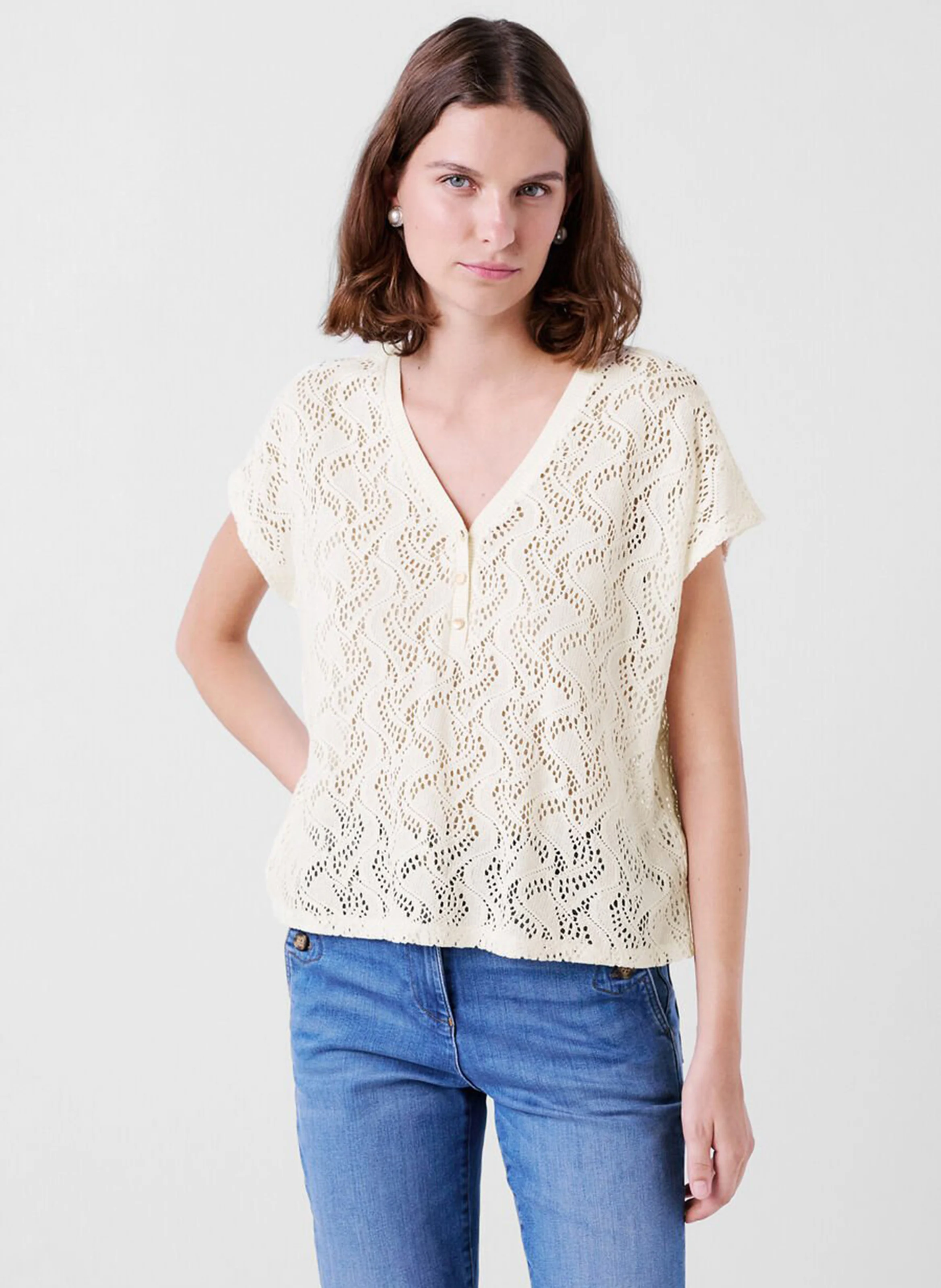 TNOE - Top ample col V en coton mélangé | Beige