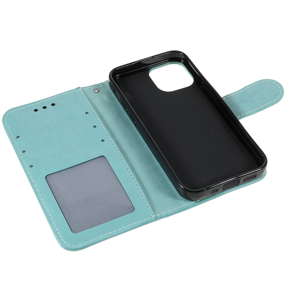 iPhone 13 Leder Tasche Wallet - Mandala Flowers Imprint - Türkis