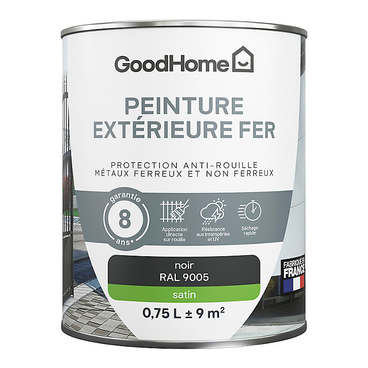 Peinture extérieure métal GoodHome noir RAL 9005 satin 0.75L