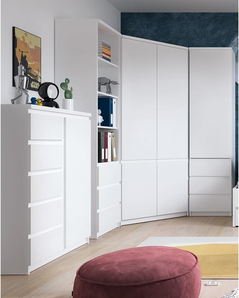Lomadox Jugendzimmer Schrank Set 4-teilig mit Eckkleiderschrank, Highboard und 2 Regalschränke in weiß