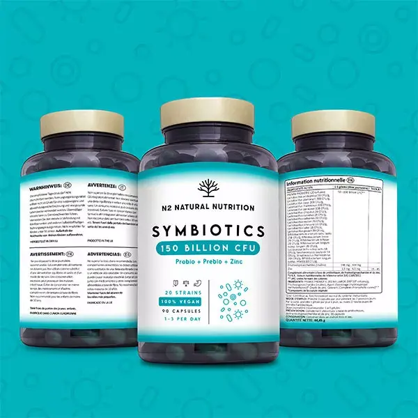 N2 Natural Nutrition Probiótico Simbióticos 150 para flora intestinal e trânsito intestinal, 90 cápsulas