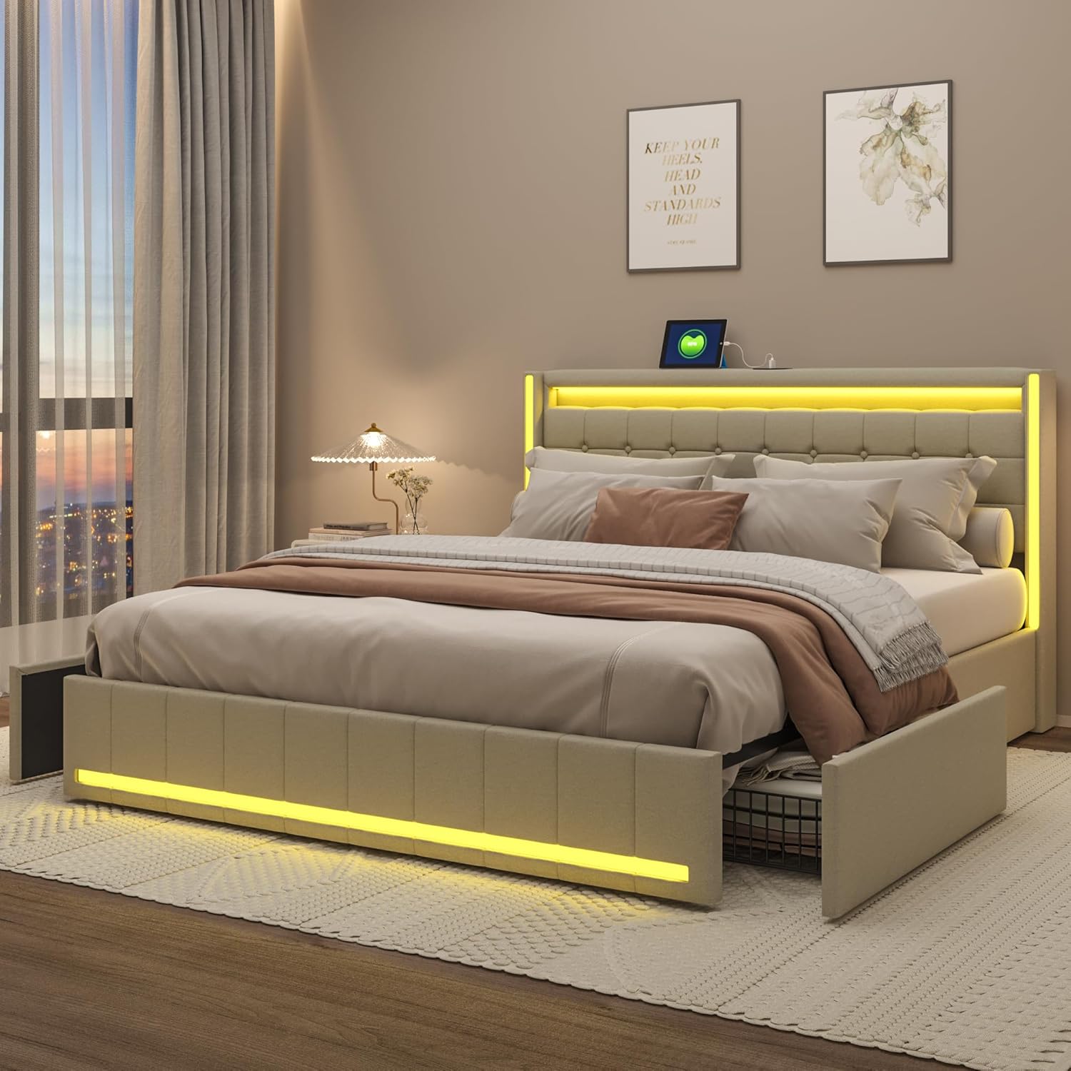 Polsterbett Doppelbett 180x200cm mit stauraum,Stauraumbett mit 4 schubladen,LEDbett kopfteil mit USB-Ladefunktion,Leinen (Beige, 180x200 cm)