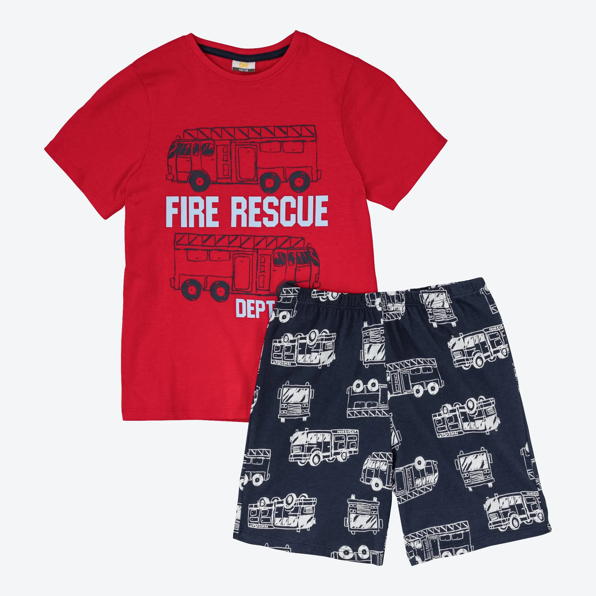 Jungen-Shorty mit Feuerwehr-Frontaufdruck, 2-teilig
