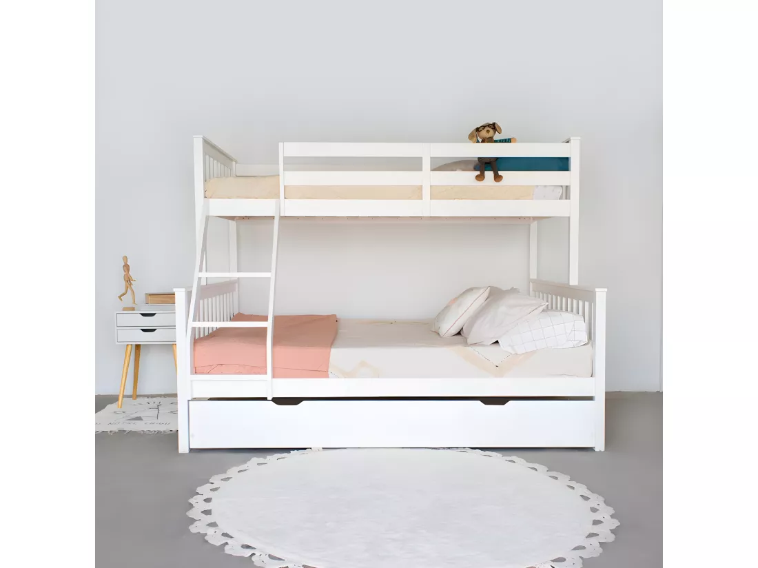 Lit superposé triple + tiroir de rangement bois blanc 135 cm