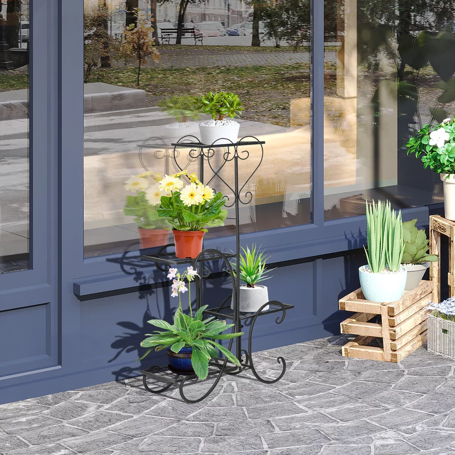 Outsunny Blumenregal mit 4 Ebenen und Ornamenten schwarz