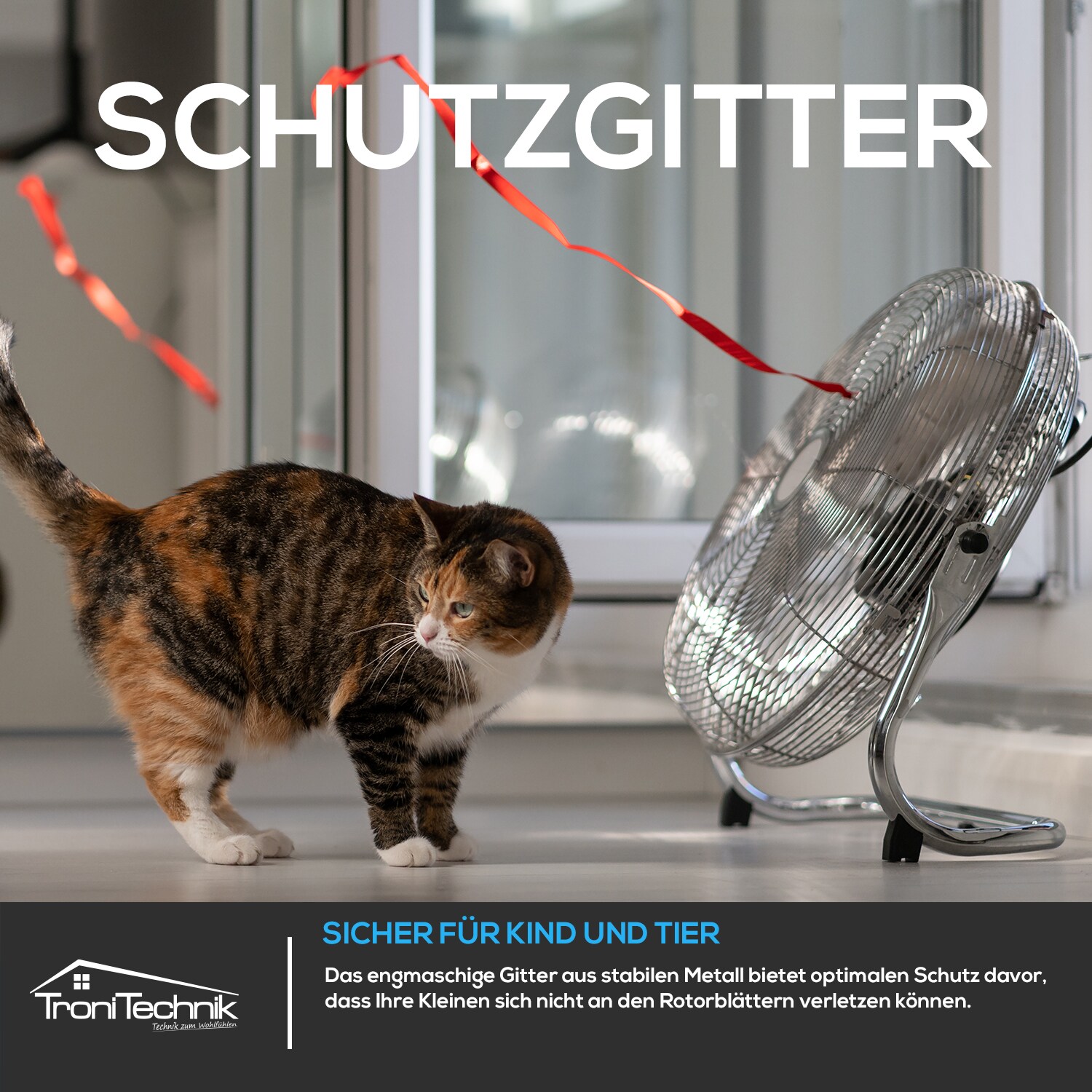 TroniTechnik® Bodenventilator Windmaschine mit drei Geschwindigkeitsstufen 70W, verstellbar ?35cm
