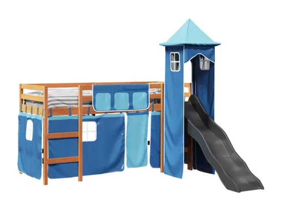 Lit mezzanine enfants avec tour bleu 90x200 cm bois pin massif