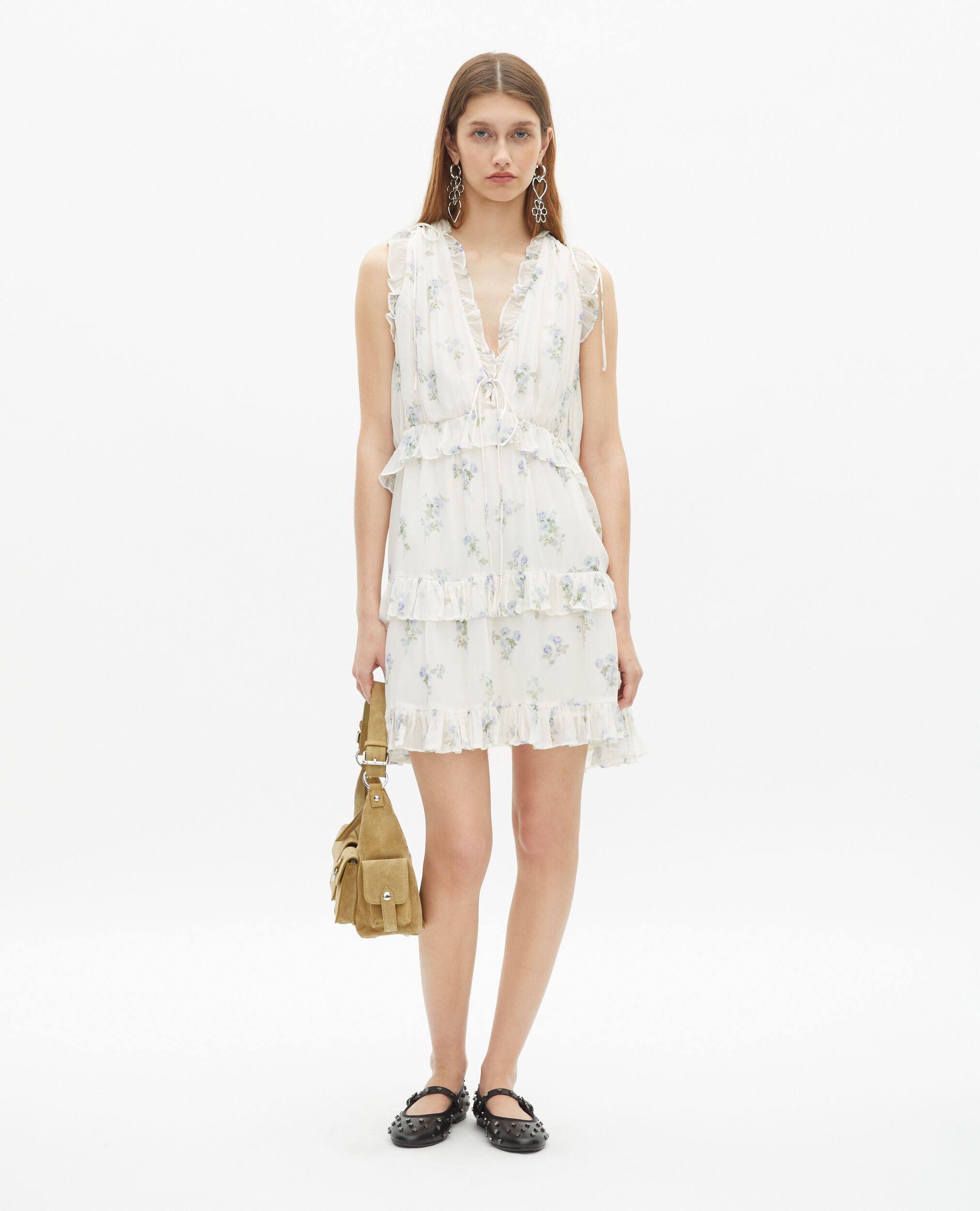 Robe courte à volants imprimé fleuri blanc