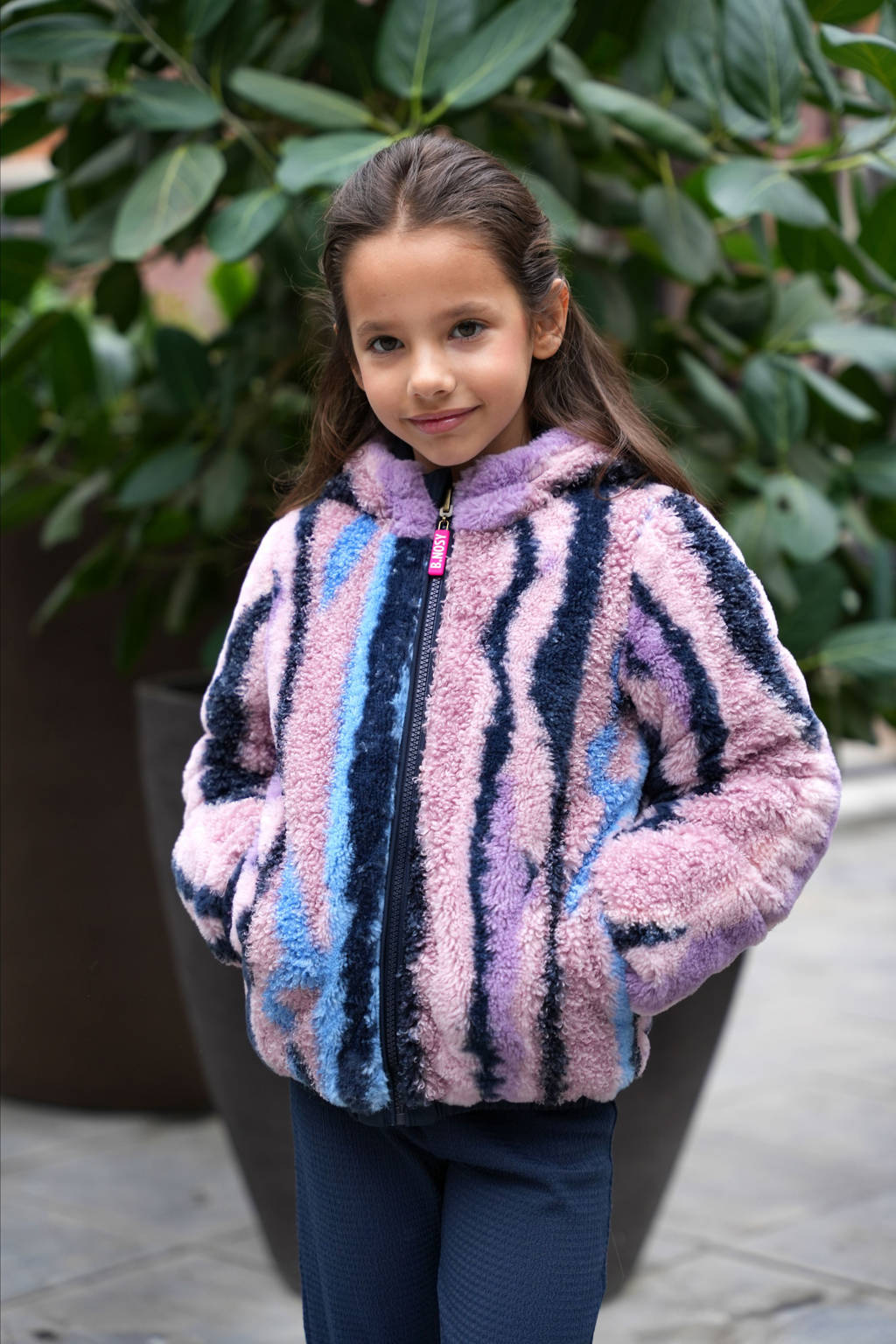 B.Nosy reversible gewatteerde winterjas Jamie met all over print donkerblauw/lila/roze