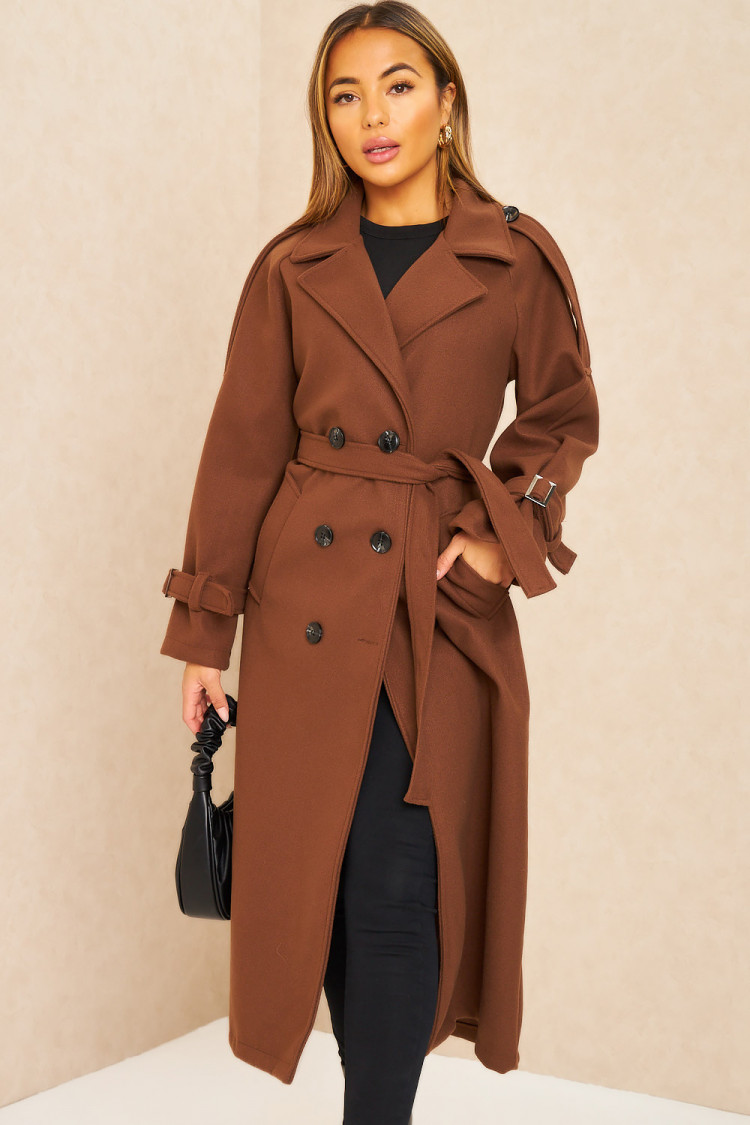 Manteau long duveteux style trench marron